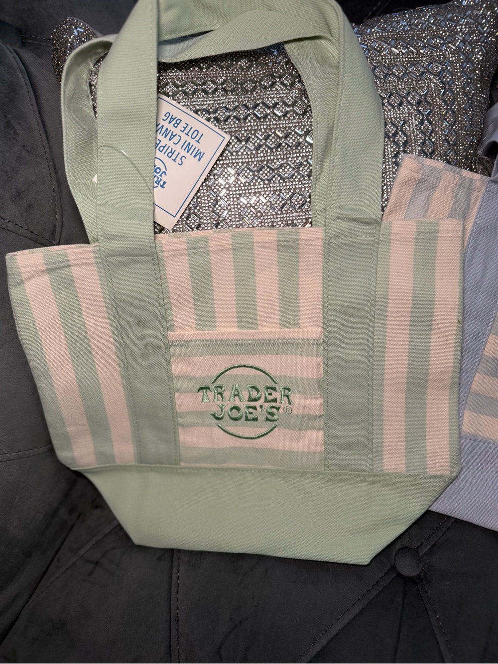 Trader Joe's Mint Stripe Canvas Tote Bag